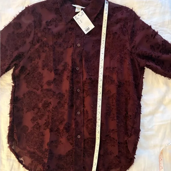 H&M Jacquard Weave Textured Burgundy Button-Up Blouse - Picture 8 of 12